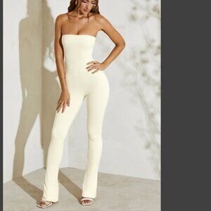 Oh Polly Jamila Strapless Flared Hem Jumpsuit in Ivory - Flawed